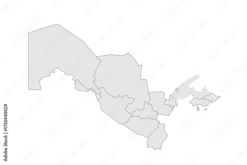Fototapeta premium Uzbekistan political map of administrative divisions - regions, autonomous republic of Karakalpakstan and independent city of Tashkent. Grey blank vector editable map EPS.