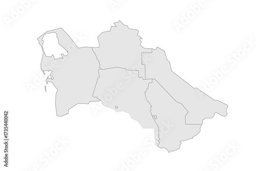 Turkmenistan political map of administrative divisions - regions and capital city district of Ashgabat. Grey blank vector editable map EPS.