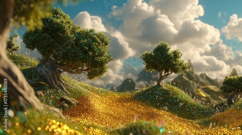 Fototapeta Naklejka Na Ścianę i Meble -  Golden Meadow Landscape With Trees And Mountains