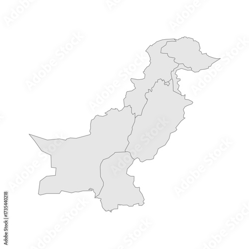 Pakistan political map of administrative divisions - provinces and autonomous territories. Grey blank vector editable map EPS.