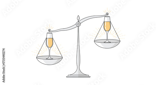 A balanced scale with champagne glasses on each side, Generative AI.