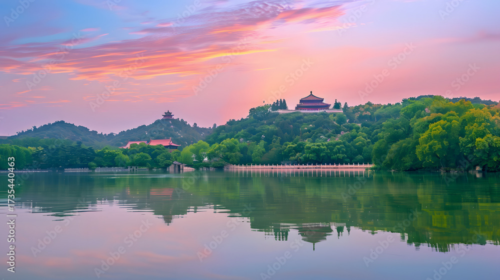 Obraz premium Lake with traditional buildings at sunset