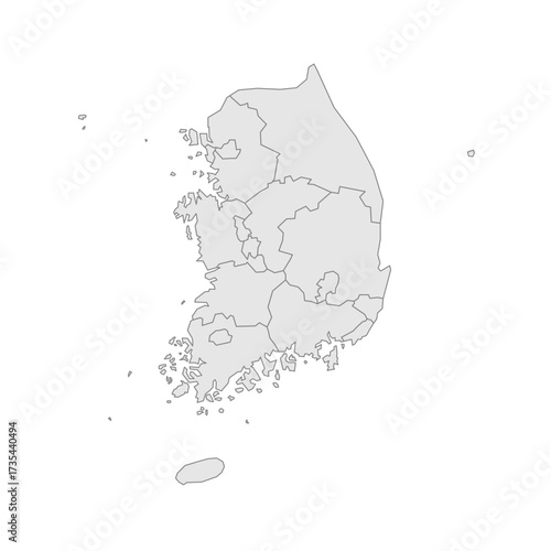 South Korea political map of administrative divisions - provinces, metropolitan cities, special city of Seolu and special self-governing cities of Sejong. Grey blank vector editable map EPS.