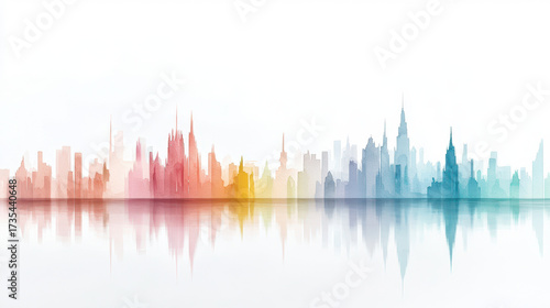 Vibrant watercolor skyline featuring blend of colorful buildings reflecting on serene surface, evoking dreamy atmosphere