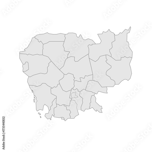Cambodia political map of administrative divisions - provinces and autonomous municipality of Phnom Penh. Grey blank vector editable map EPS.