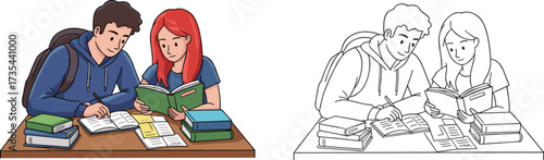 Students studying together, collaborative learning, open books, academic teamwork, split color and sketch, education concept, classroom scene, focused study