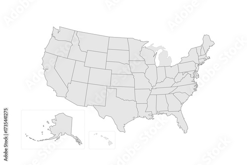 United States of America political map of administrative divisions - states and federal district Washington, D.C. Grey blank vector editable map EPS.