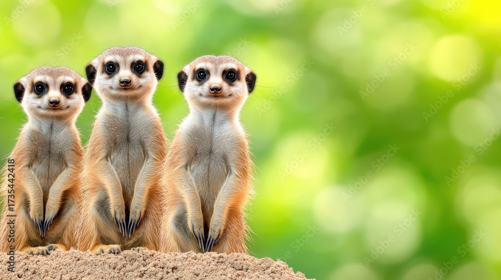 Fototapeta premium Three Cheerful Meerkats Standing Together Against a Soft Background