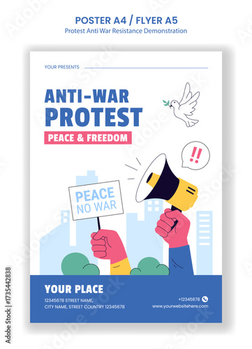  Protest Anti-War Resistance Demonstration Flyer Cartoon Hand Drawn Template Background Illustration