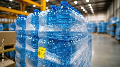 Stacked Plastic Water Bottles in Warehouse Environment with Pallets