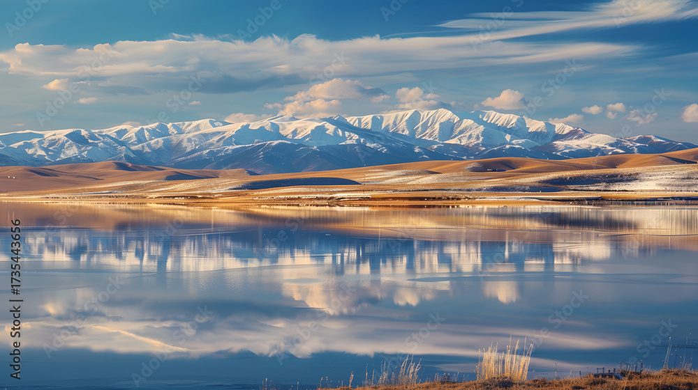 Obraz premium Snowy mountains reflected in calm lake