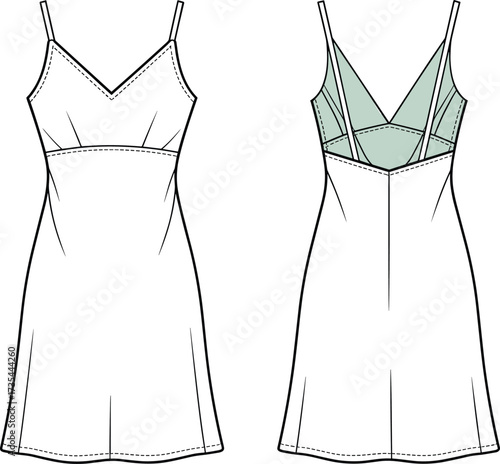 Elegant slip dress front and back view, fashion flat sketch, spaghetti strap mini dress design, CAD template, stylish women’s apparel illustration