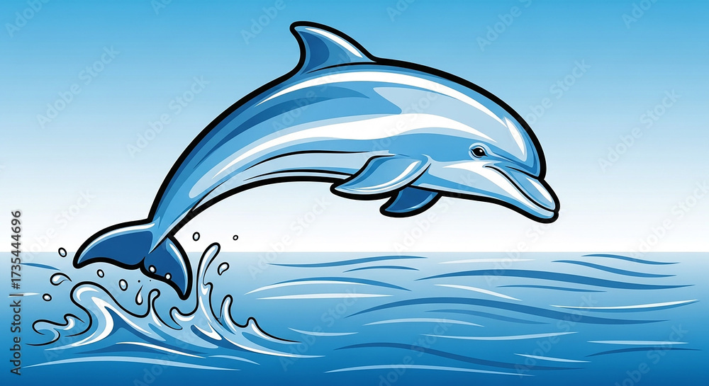 Obraz premium A vibrant illustration of a playful dolphin leaping out of the ocean water, with splashes and waves indicating its energetic movement.