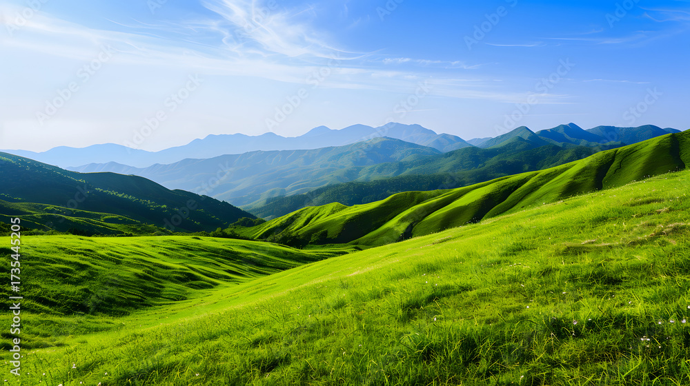 Obraz premium Green rolling hills under blue sky