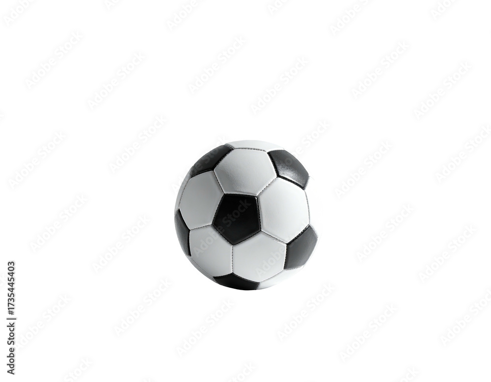 Obraz premium A soccer ball, black and white, sits isolated against a pure black background