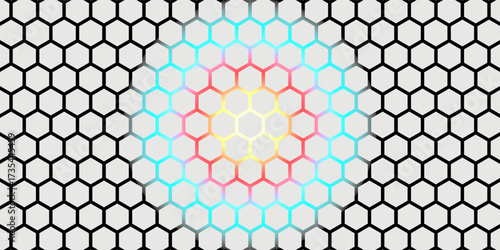 White 3d hexagonal technology vector abstract background. Blue bright energy flashes under hexagon in modern technology futuristic background vector illustration. White honeycomb texture grid.