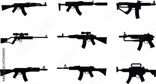 Firearm silhouette set, rifle and gun icons, tactical weapon shapes, military vector illustration, cad drawing flat vector illustration