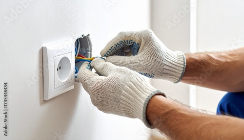 Close-up of electrician hands wearing protective gloves while fixing electrical socket and wiring inside wall outlet, concept of home repair, electrical safety, and professional installation