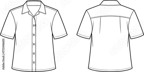 Short sleeve button down shirt flat sketch front and back, casual summer shirt template, fashion apparel technical illustration design