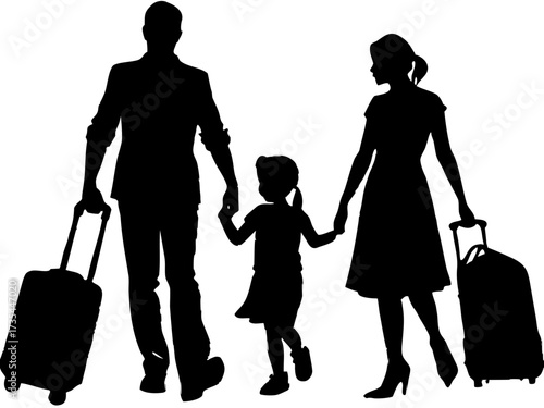 Family Travel Silhouette: Parents and Child with Luggage Vector Icon