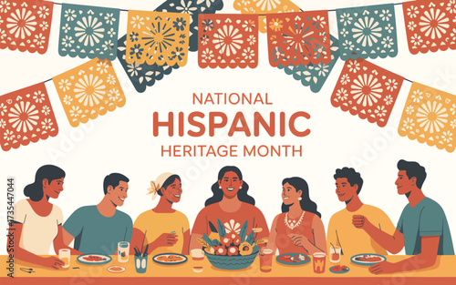 Diverse people celebrating National Hispanic Heritage Month with food and decorations
