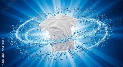 Clean white T-shirt washing in a dynamic, blue water splash swirl of laundry bubbles, illustrating freshness, powerful cleaning, and liquid detergent product concept