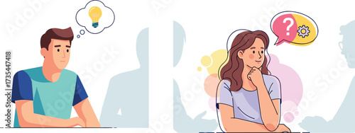 Thinking, idea generation, problem solving, conversation, question, light bulb, gear icon, man and woman, communication, curiosity, brainstorming, 
