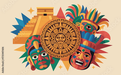 Mayan Sun Stone and Masks with Pyramid calendar