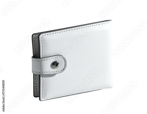 Shiny, off-white, closed bi-fold wallet with snap closure. Isolated on dark background