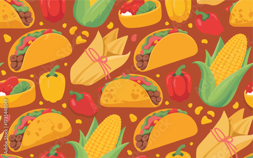 Mexican food pattern with tacos corn and tamales bell pepper