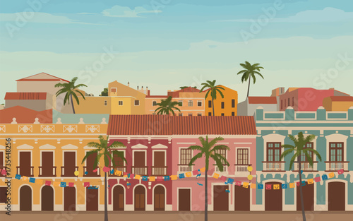 Colorful buildings with palm trees and festive banners