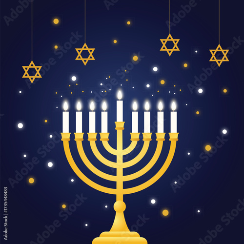 Golden Hanukkah menorah with lit candles and stars on a dark blue background