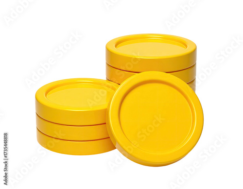 Three stacks of bright yellow, circular tokens on a transparent black background