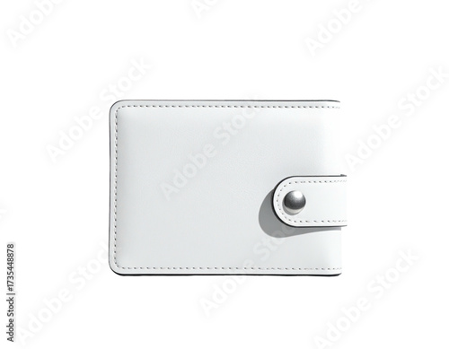 A close-up, isolated image of a white, leather wallet with a snap closure