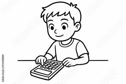 Coloring book for kids - Young boy using calculator while sitting at a table and smiling  