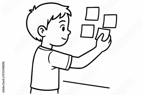 Coloring book for kids - Young boy sticking notes on wall while smiling in a classroom setting  