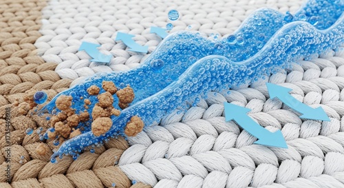 Detailed microscopic view of an advanced cleaning solution lifting and washing away deep-seated dirt from a textured fabric surface with blue arrows