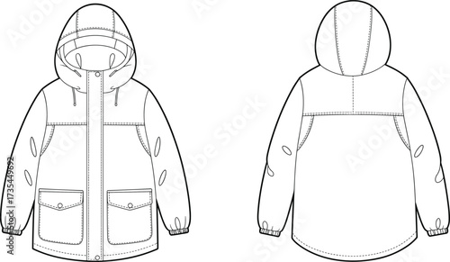 Hooded jacket flat sketch front and back, parka coat technical drawing, fashion apparel template, outerwear design with pockets vector illustration