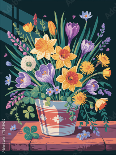 Vivid spring bouquet vector in impressionist gouache style with swirling brush strokes of irises, lilies, daisies, tulips, and abstract foliage on dark background