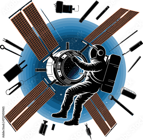 Astronaut Working on Space Station with Tools Floating Around During Spacewalk Mission Outside Earths Atmosphere
