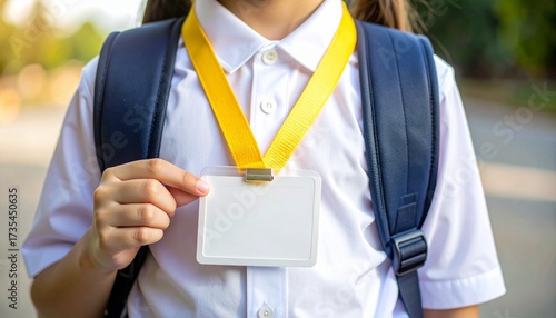 Close-up of a student wearing a white school uniform with a yellow lanyard and blank ID card badge, holding the identification card while carrying a backpack outdoors, education and identity concept