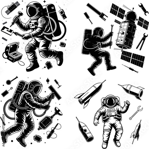 Astronauts performing maintenance and repair tasks in outer space with various tools and equipment including satellites and spacecraft for a creative bundle design