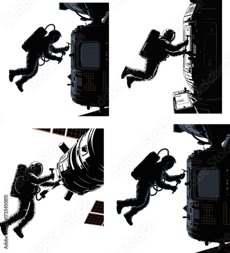Astronaut Performing Spacewalk Maintenance on a Satellite Module During a Complex Space Mission and Routine Inspection