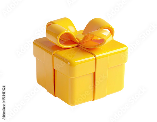 A vibrant, 3D-rendered yellow gift box with a matching tied bow on a black backdrop