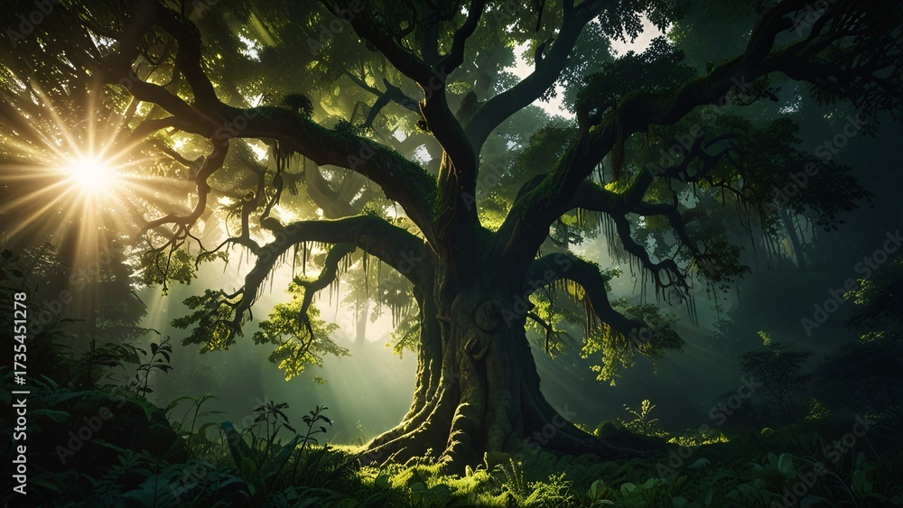 Fototapeta premium Majestic Ancient Tree in Lush Forest with Sun Rays and Magic V1