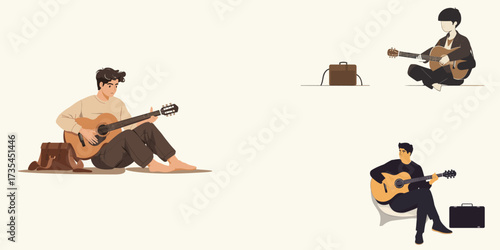Diverse male musicians play acoustic guitars, embodying passion for music and creative expression through various settings, from casual practice to focused performance