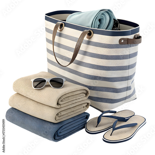Classic summer holiday essentials including a blue striped beach bag, folded towels, sunglasses, and sandals isolated on transparent background