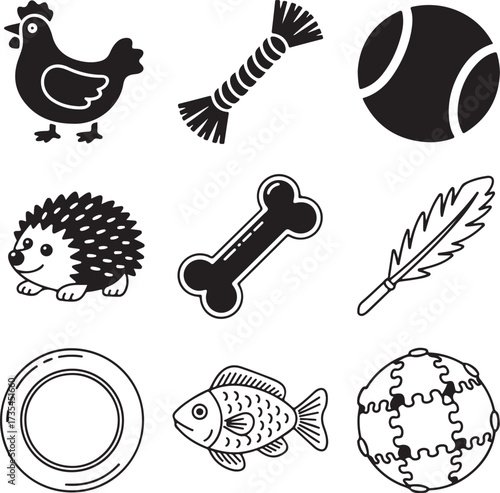 Set of Nine Detailed Pet Toys Icons with Transparent Background dog toys cat toys