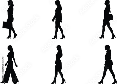 Women walking silhouette, fashion movement, stylish posture, modern outfit, confident stride, female elegance, urban look, handbag accessory, graceful motion, trendy design, visual