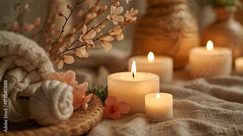 Relaxing spa ambiance with burning candles, towels, and floral decor for self-care
